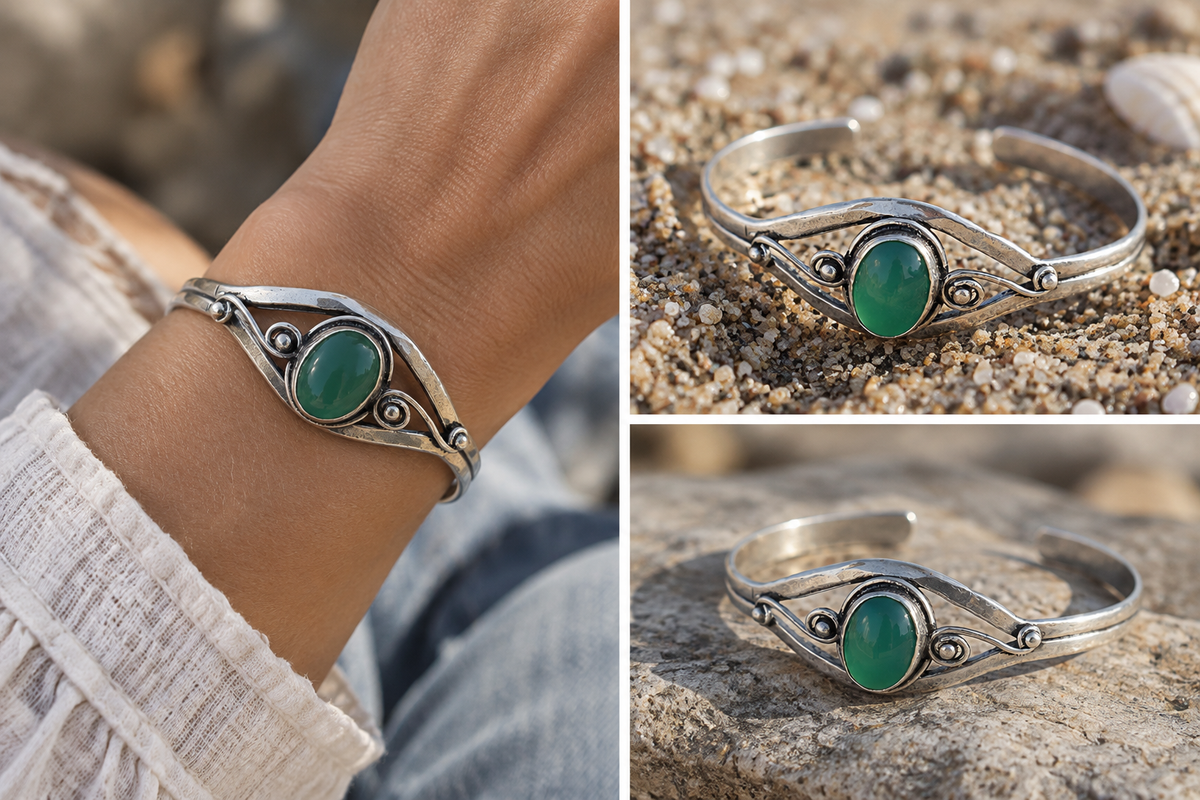 Ezüstözött karkötő zöld onixxal- Talita