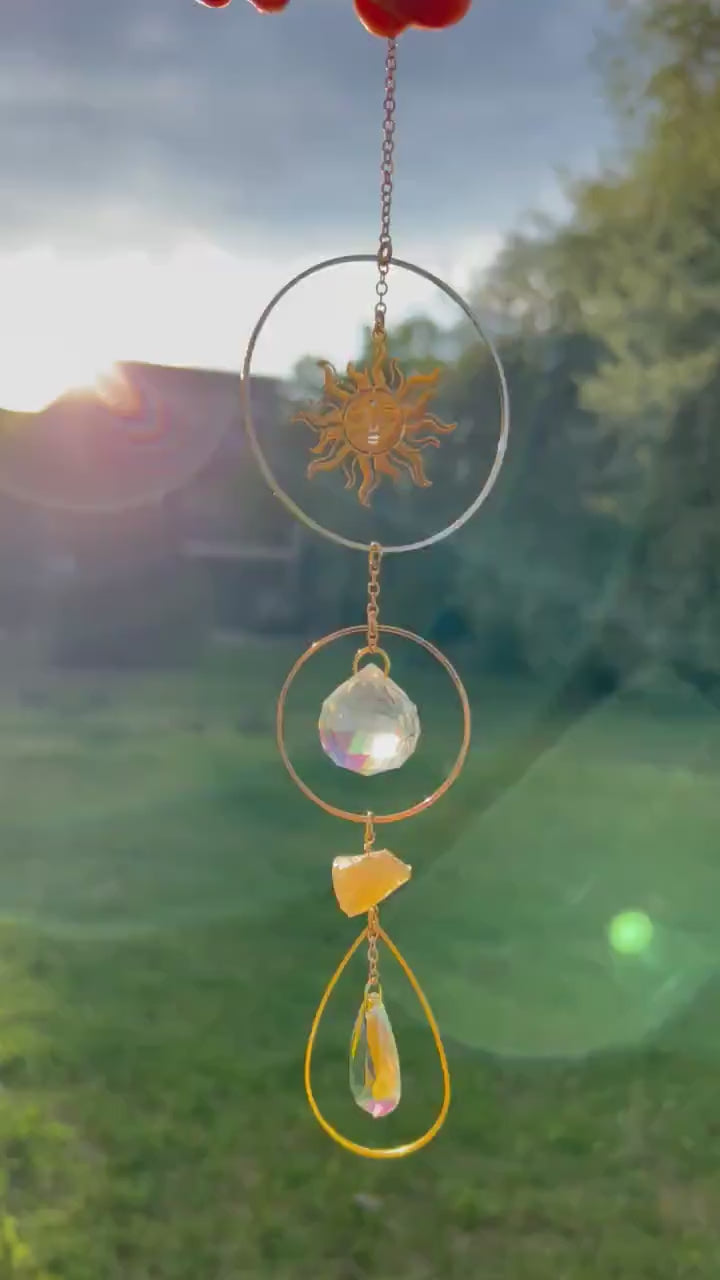 Latika- suncatcher with natural crystals, prism, window decor car charm, citrine - rose quartz