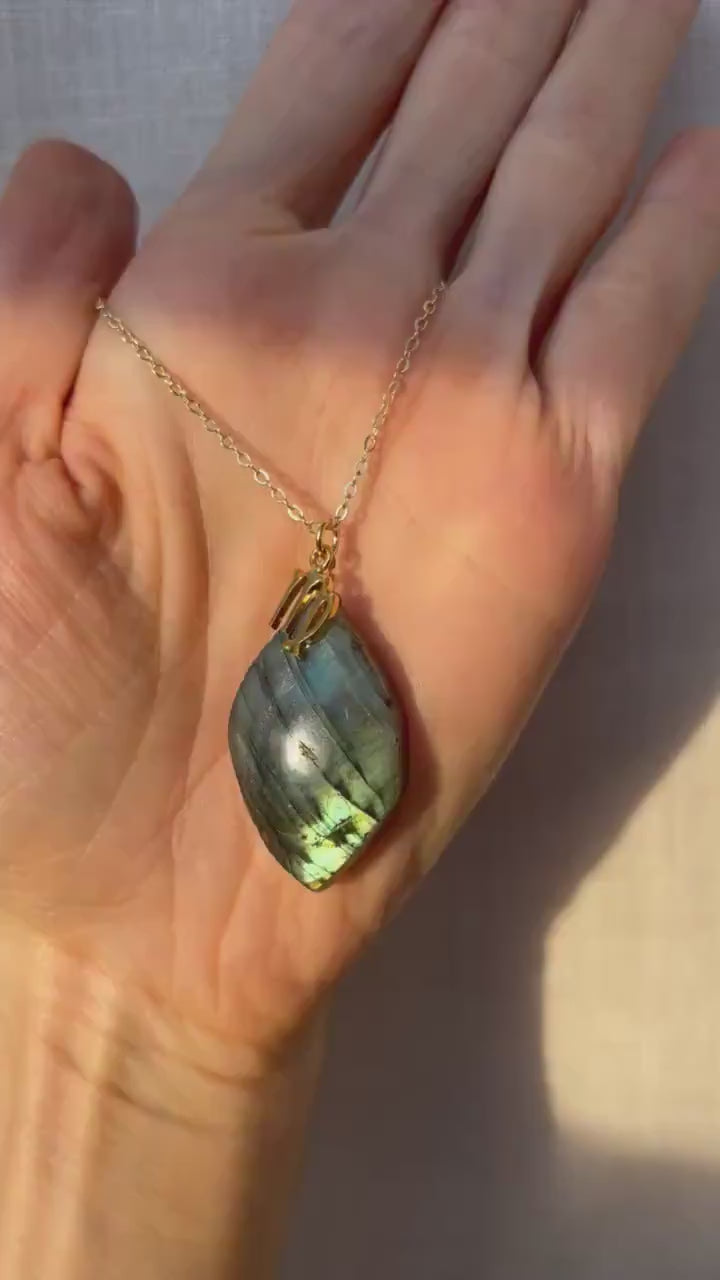 Rainbow Labradorite Necklace, real gold filled jewelry, large labradorite pendant