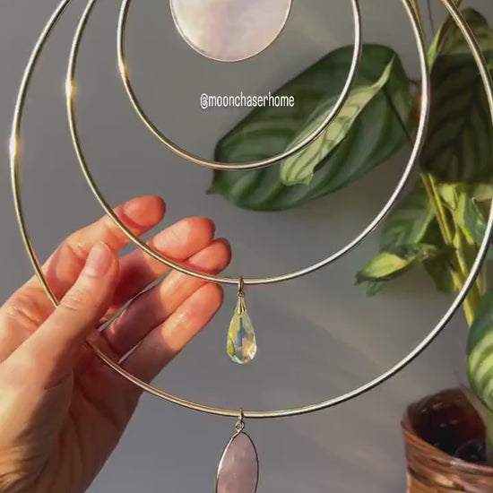 Miya-19cm/7,4″ gold circle Wall hanging/suncatcher with two big rose quartz pendant, housewarming gift