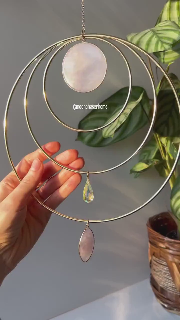 Miya-19cm/7,4″ gold circle Wall hanging/suncatcher with two big rose quartz pendant, housewarming gift