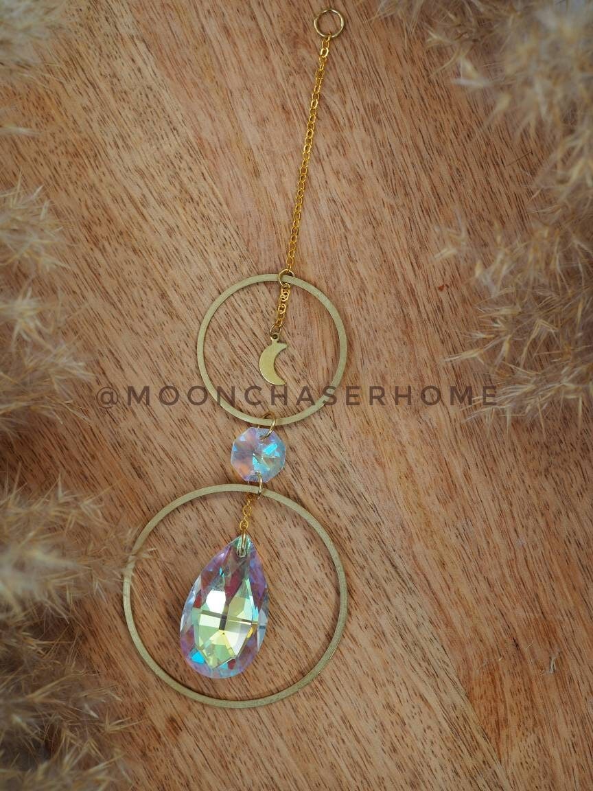 Annie car charm-suncatcher with brass moon, rainbow prism, light diffuser, boho home decoration, housewarming gift