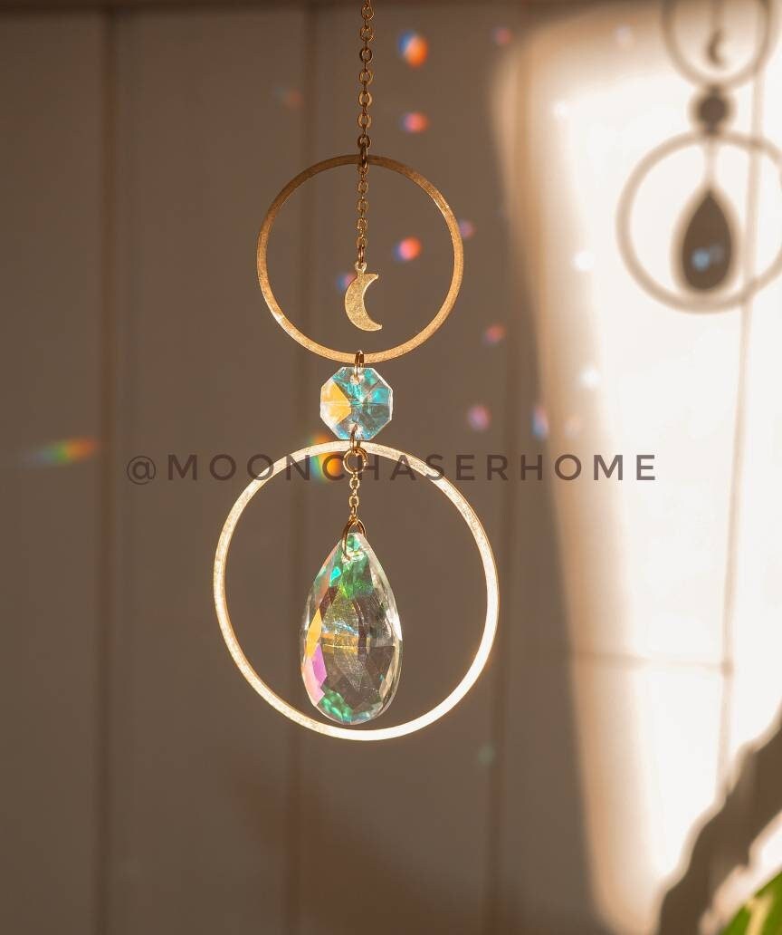 Annie car charm-suncatcher with brass moon, rainbow prism, light diffuser, boho home decoration, housewarming gift