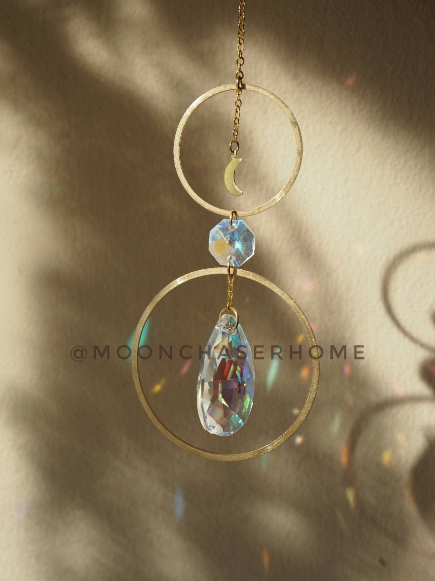 Annie car charm-suncatcher with brass moon, rainbow prism, light diffuser, boho home decoration, housewarming gift