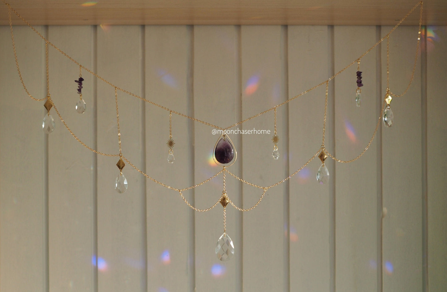 Yamini-Horizontal 18k gold plated sun catcher+ amethyst crystal-Window decor-rainbow prism-gift for woman-housewarming gift