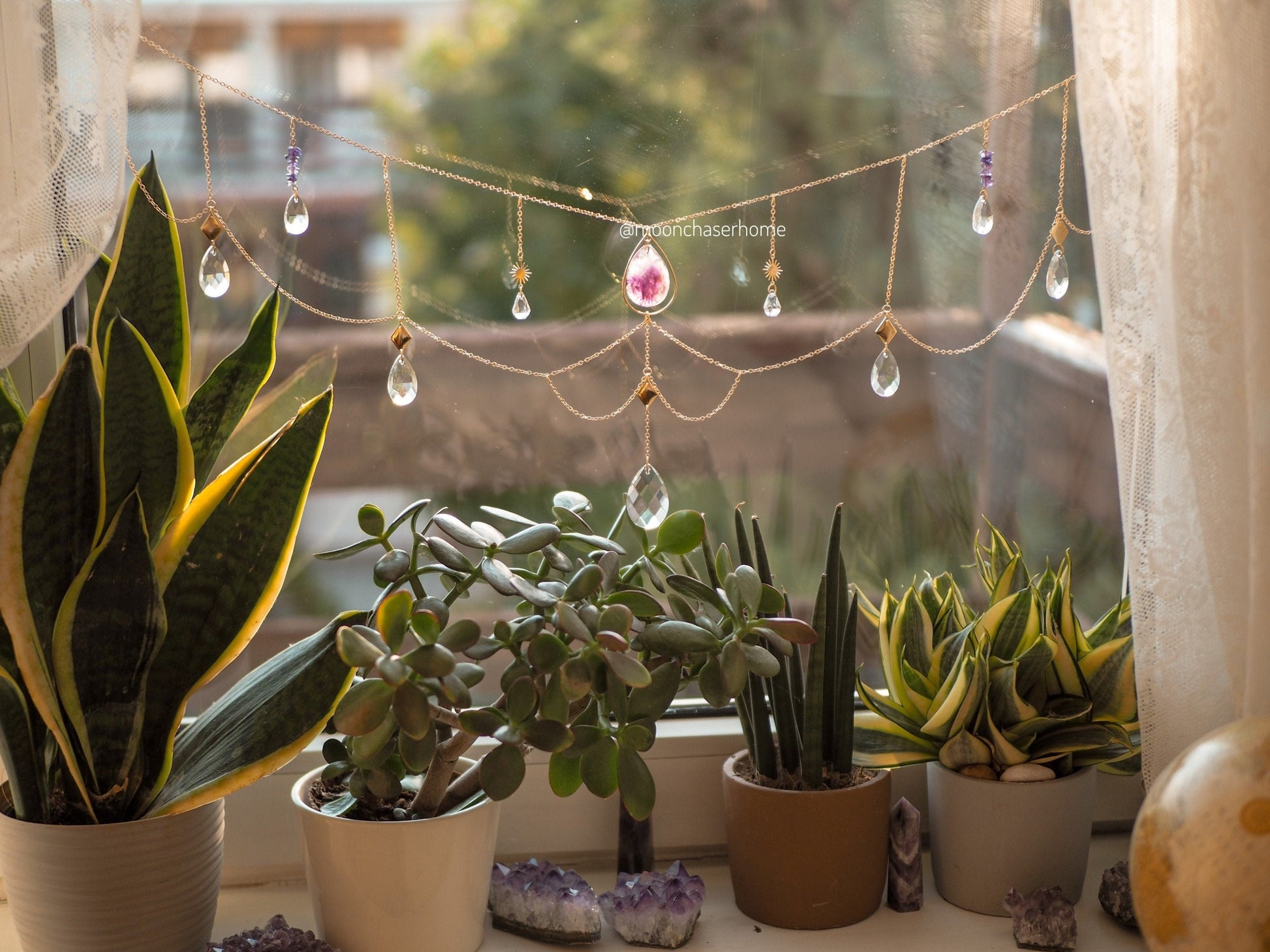 Yamini-Horizontal 18k gold plated sun catcher+ amethyst crystal-Window decor-rainbow prism-gift for woman-housewarming gift