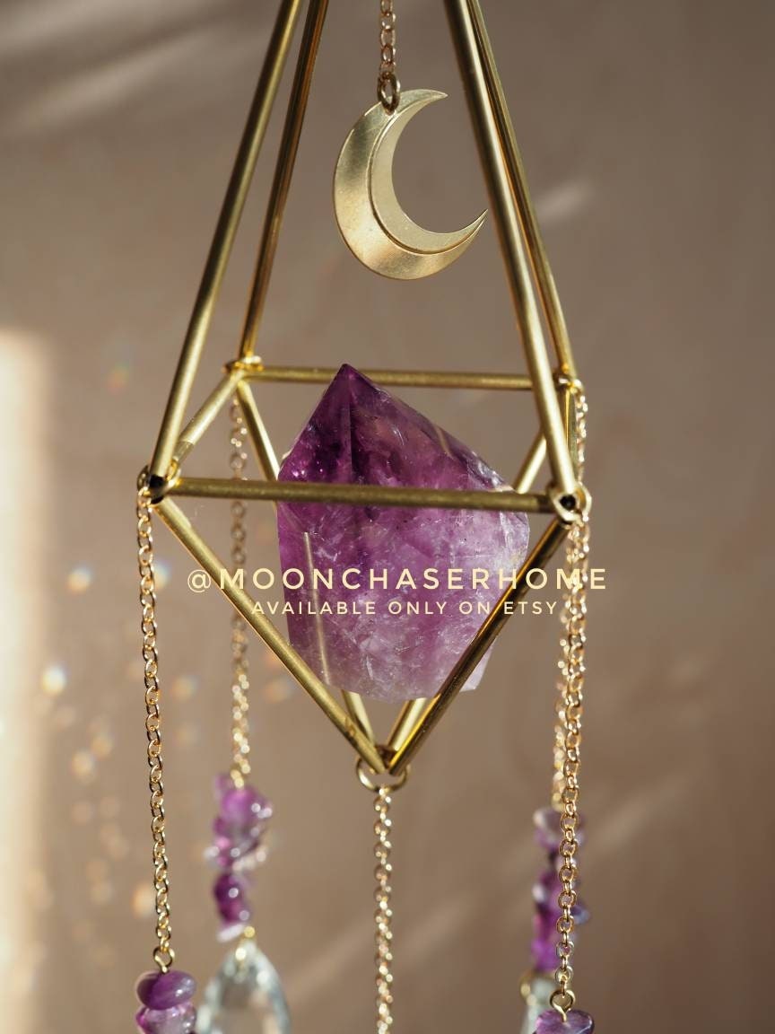 Luna&Amethyst crystal sun catcher with brass moon, rainbow prism, light diffuser, rainbow maker, geometric sun catcher, gift for woman