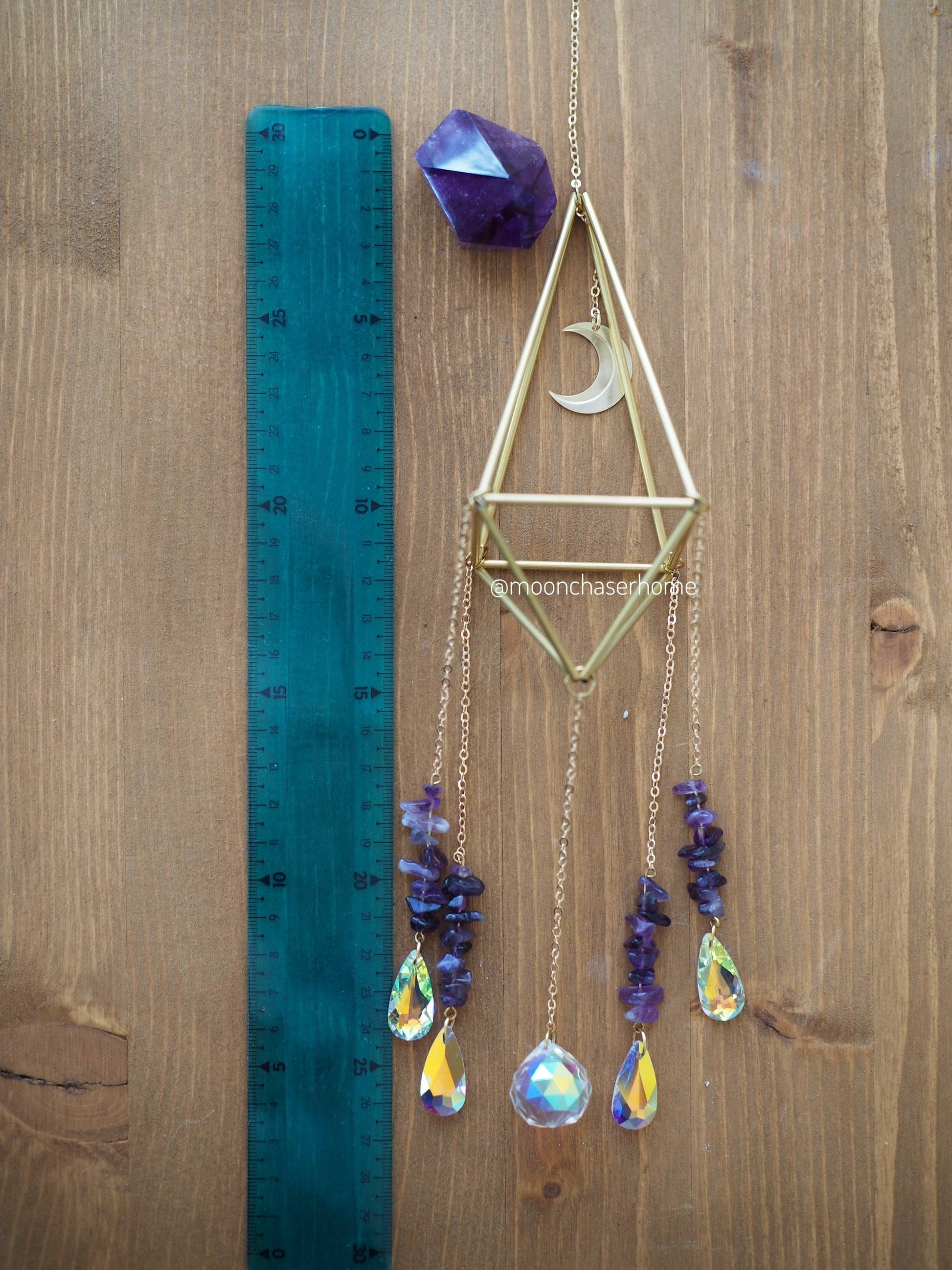 Luna&Amethyst crystal sun catcher with brass moon, rainbow prism, light diffuser, rainbow maker, geometric sun catcher, gift for woman