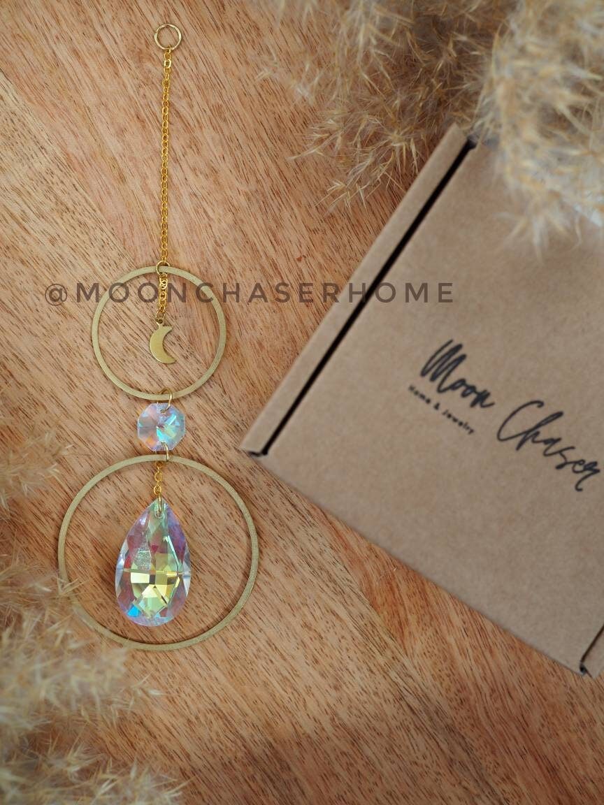 Annie car charm-suncatcher with brass moon, rainbow prism, light diffuser, boho home decoration, housewarming gift