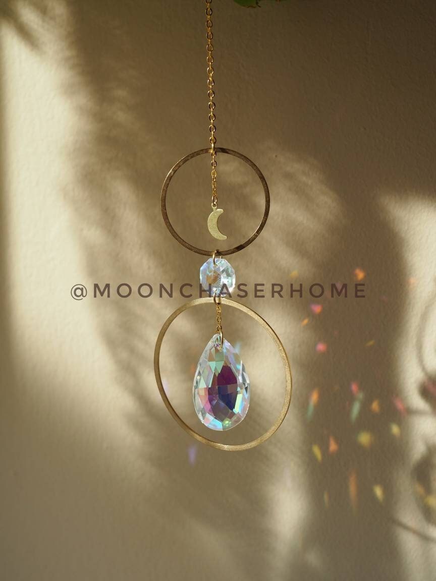 Annie car charm-suncatcher with brass moon, rainbow prism, light diffuser, boho home decoration, housewarming gift