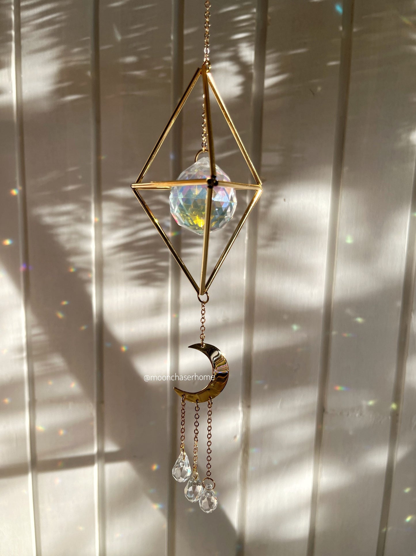 Window crystal crystal sun catcher with moon, rainbow prism, gift for her, rainbow maker, geometric sun catcher, gift for woman