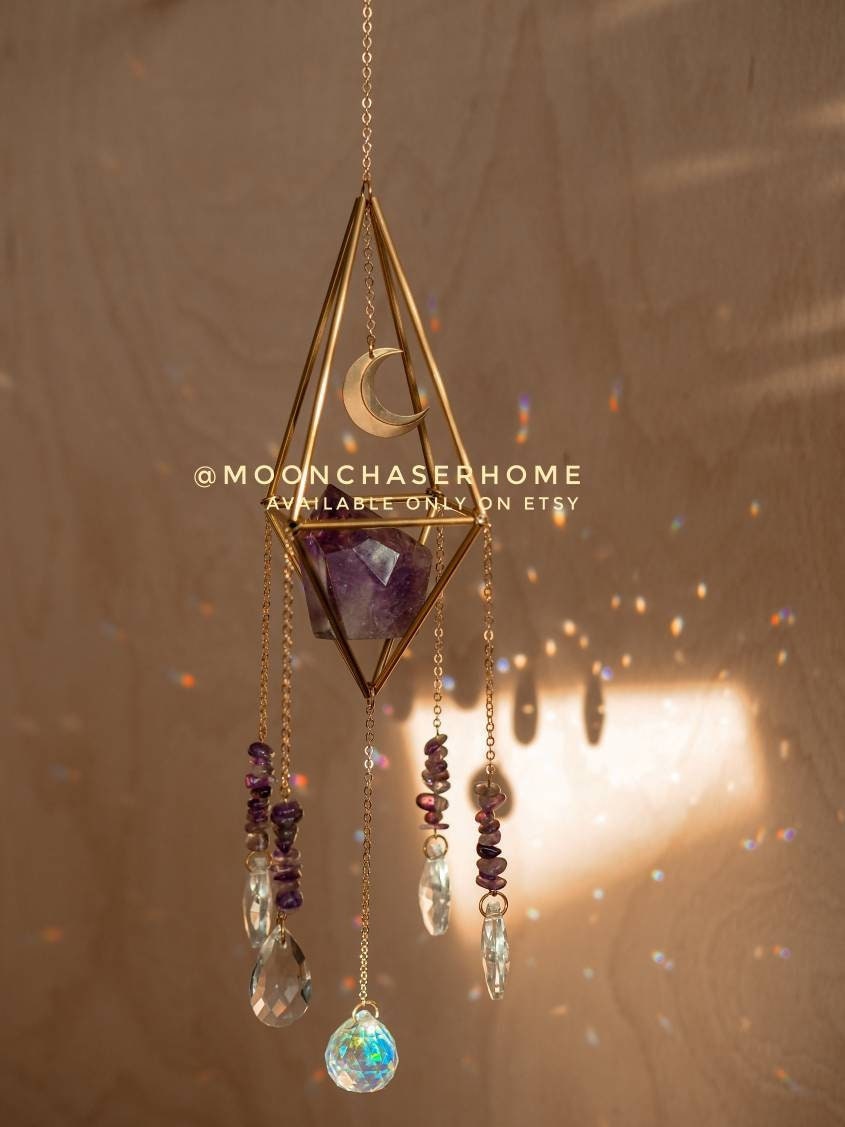 Luna&Amethyst crystal sun catcher with brass moon, rainbow prism, light diffuser, rainbow maker, geometric sun catcher, gift for woman