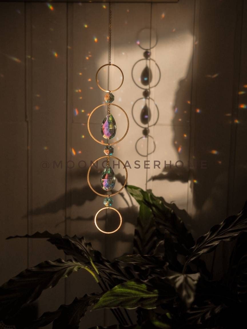 Zohra crystal sun catcher with brass or gold plated brass hoops, rainbow prism, light diffuser, boho home decoration, fairy decor, gift idea