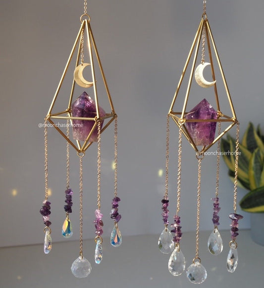 Luna&Amethyst crystal sun catcher with brass moon, rainbow prism, light diffuser, rainbow maker, geometric sun catcher, gift for woman