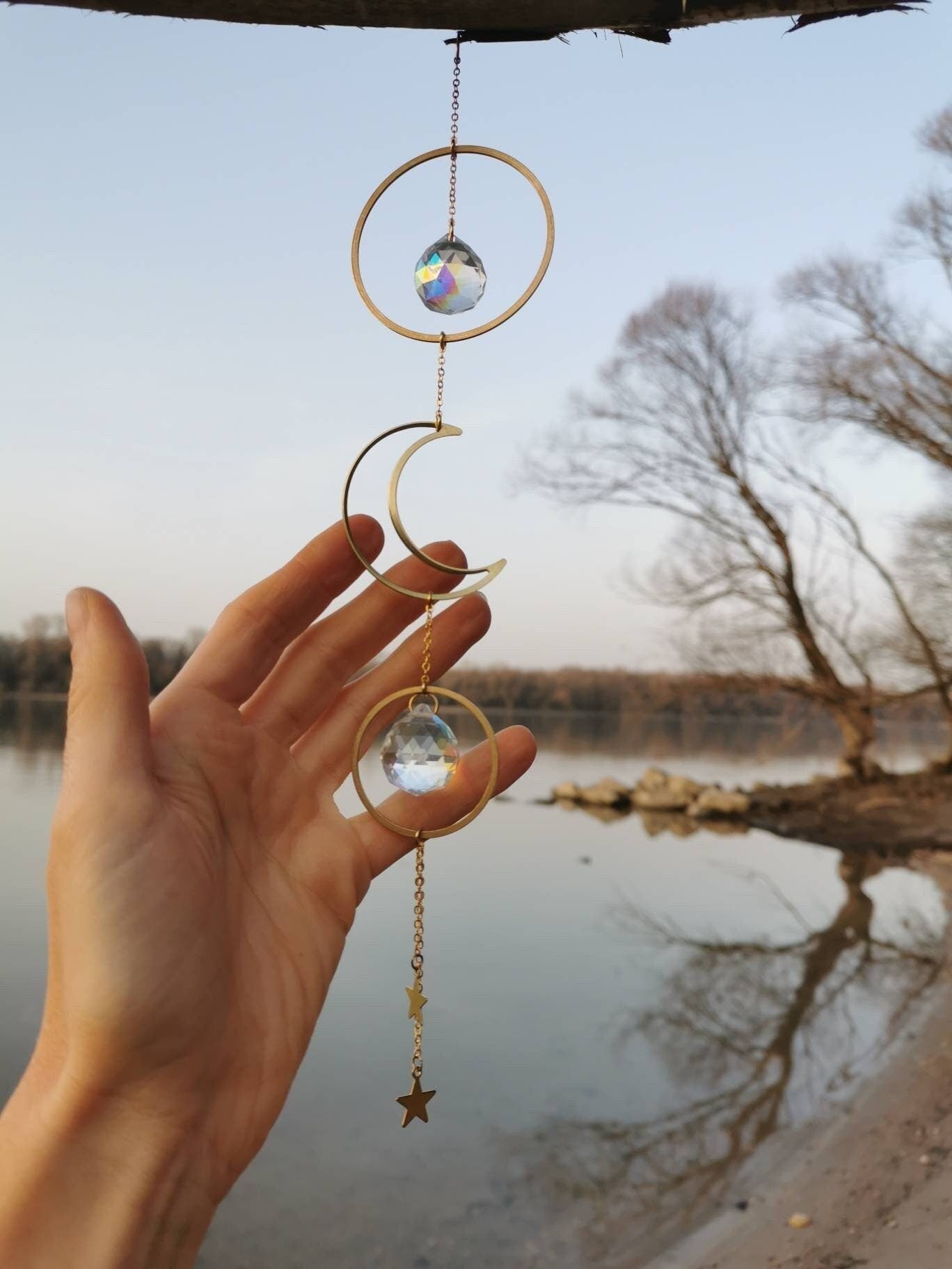 Kora crystal sun catcher with moon and stars,rainbow prism, light diffuser,window crystal,Christmas gift, car charm, gift for her