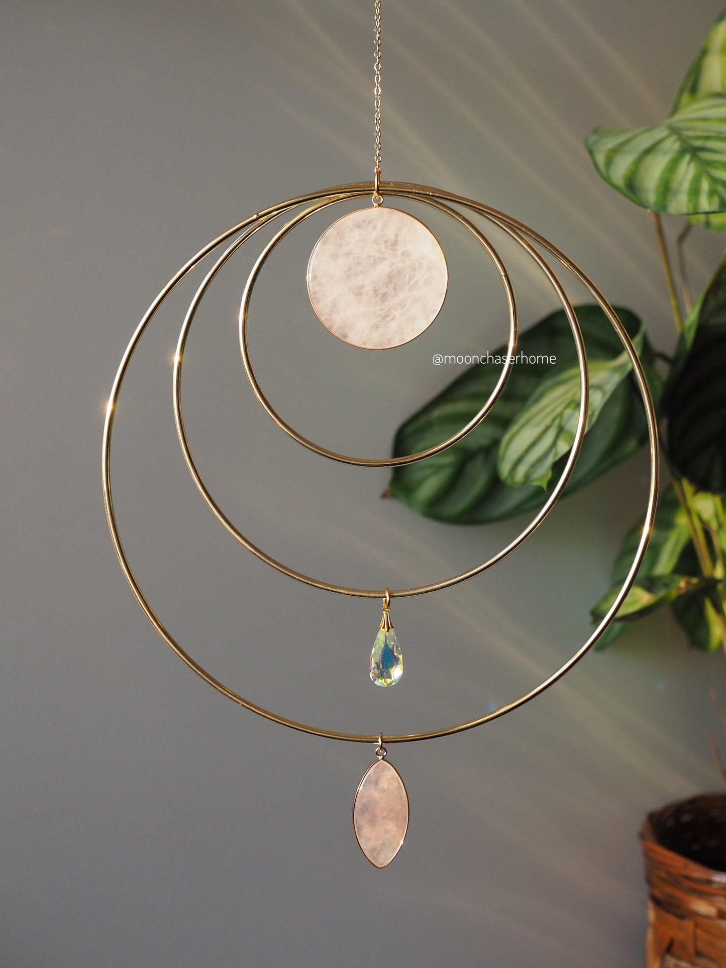 Miya-19cm/7,4″ gold circle Wall hanging/suncatcher with two big rose quartz pendant, housewarming gift