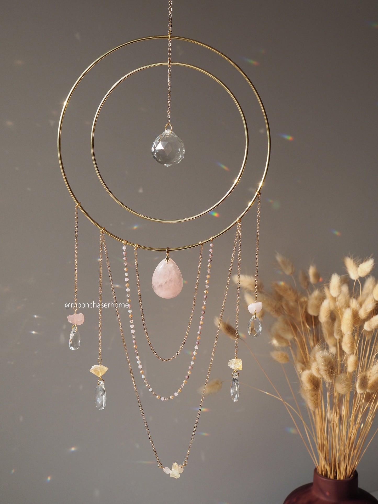 Nova rose quartz + citrine suncatcher 19cm/7,4″ gold circle big suncatcher