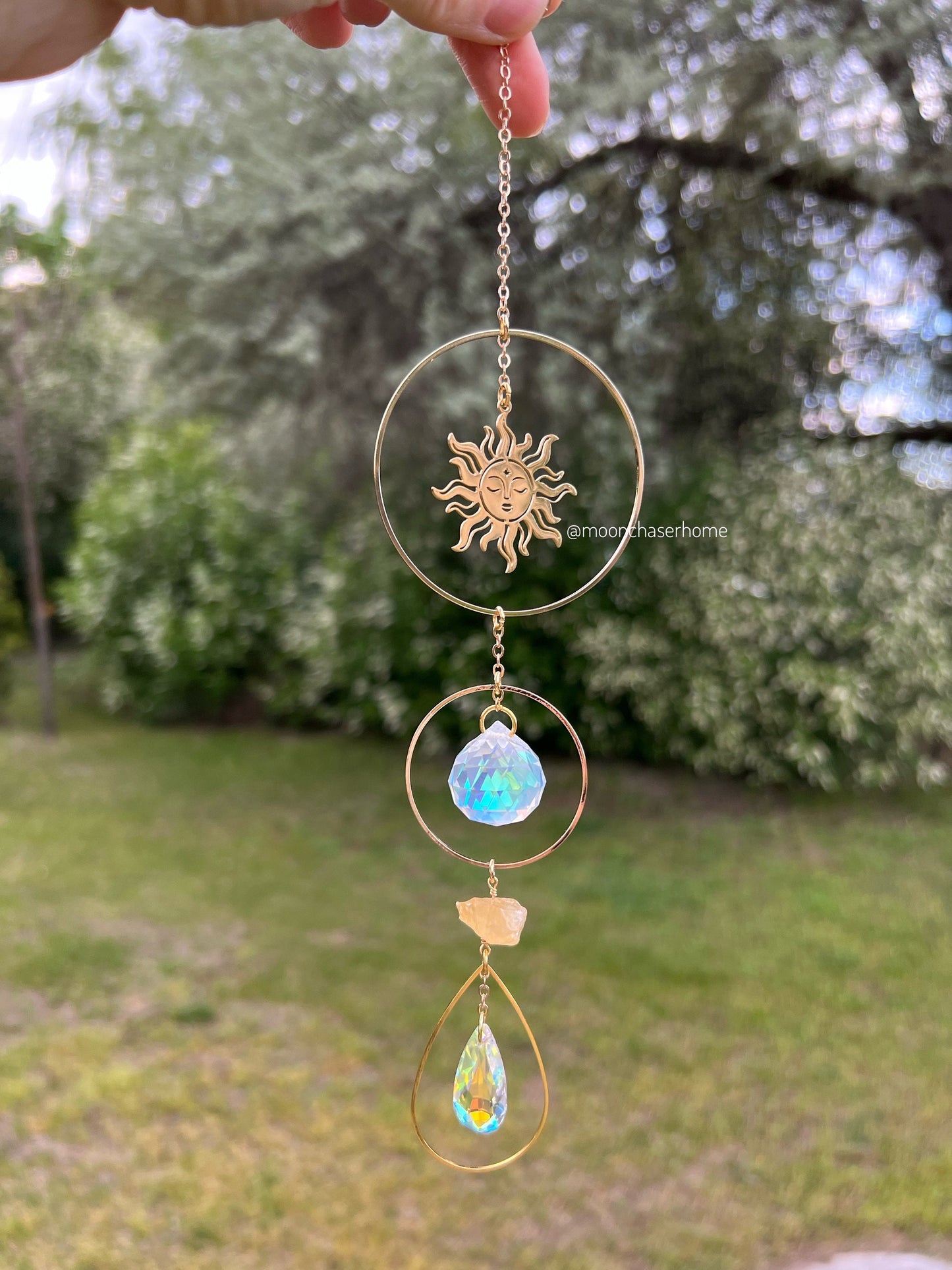 Latika- suncatcher with natural crystals, prism, window decor car charm, citrine - rose quartz