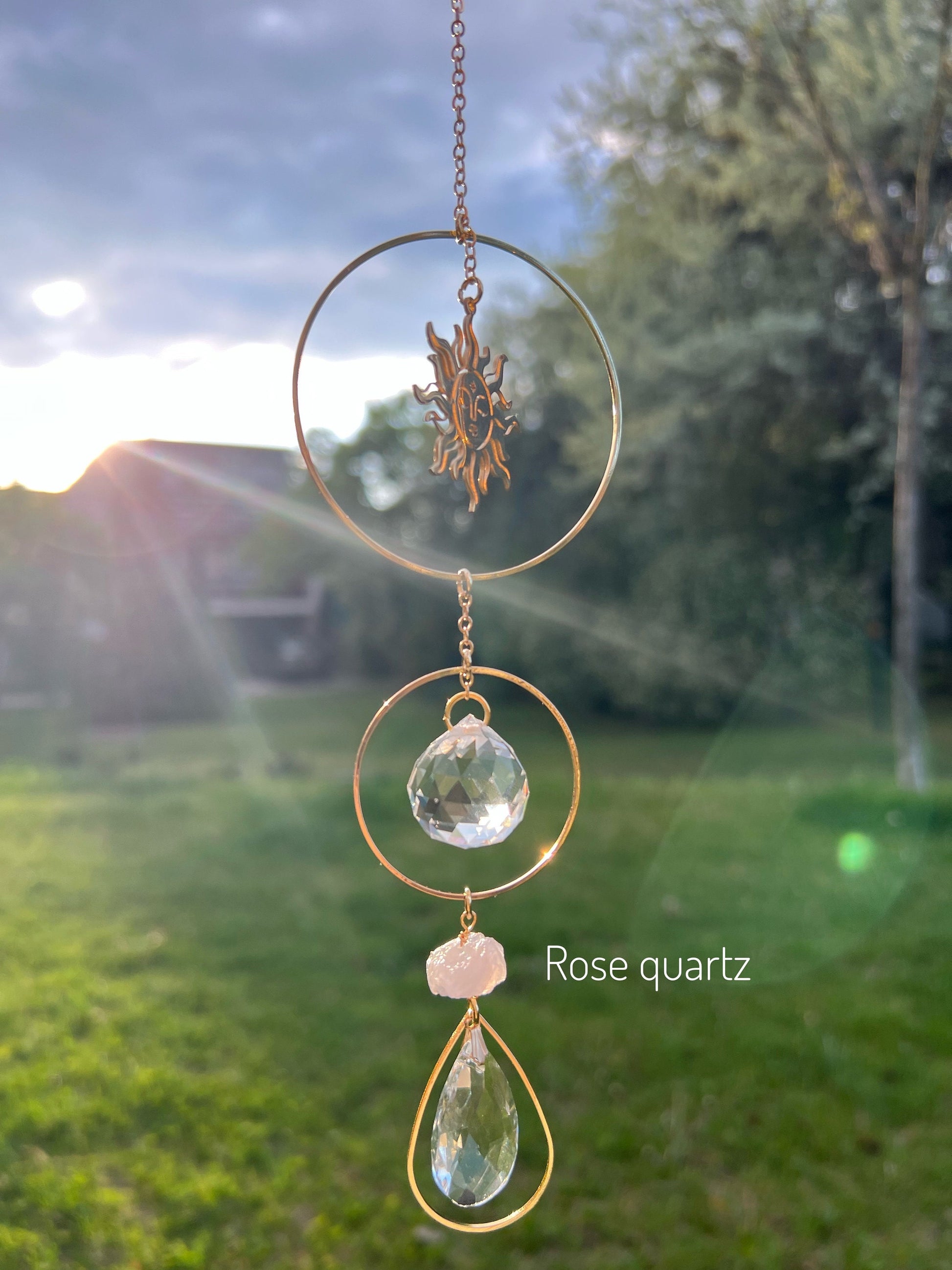 Latika- suncatcher with natural crystals, prism, window decor car charm, citrine - rose quartz