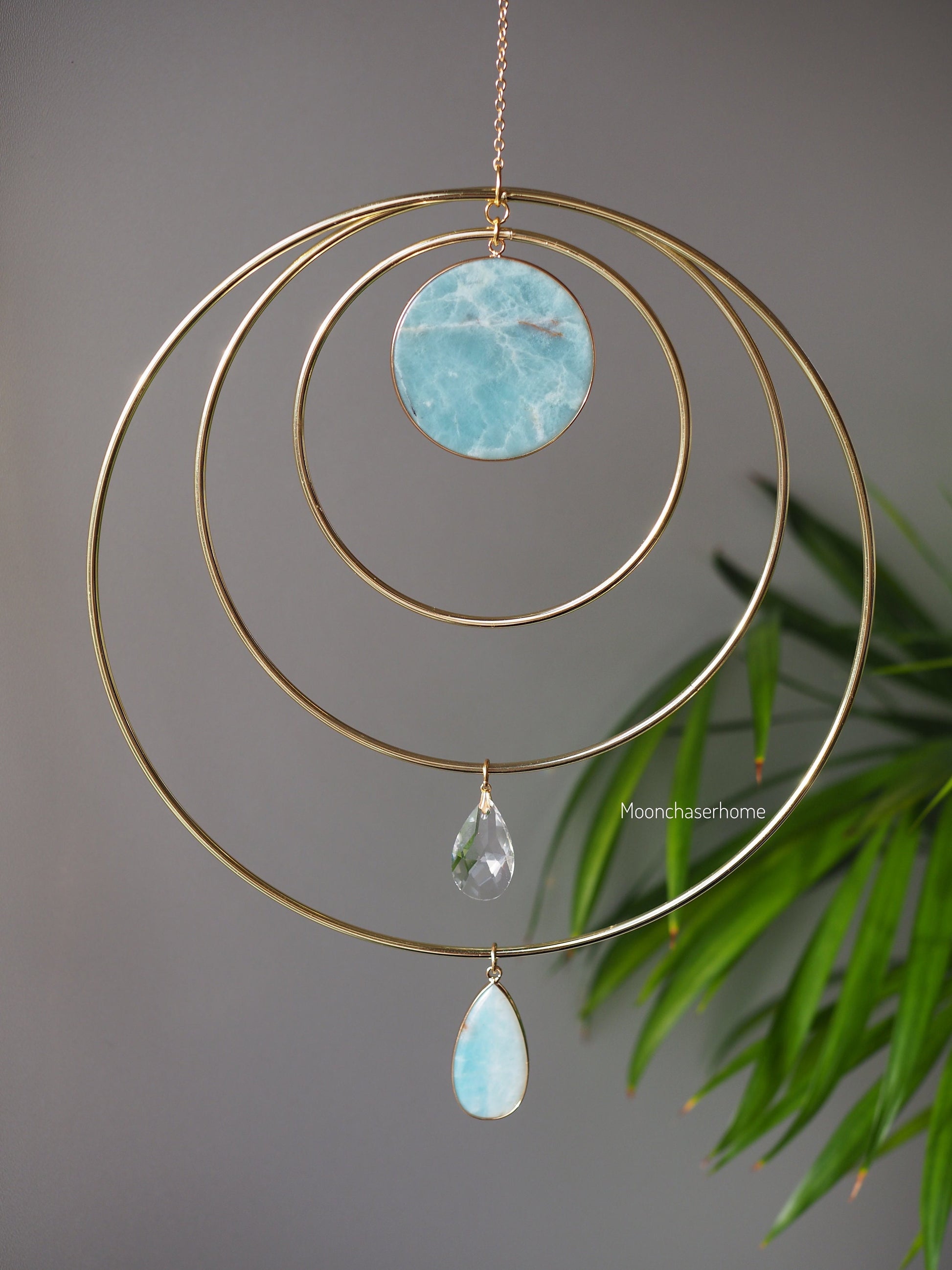 Miya-19cm/7,4″ gold circle Wall hanging/suncatcher with two big rose quartz pendant, housewarming gift